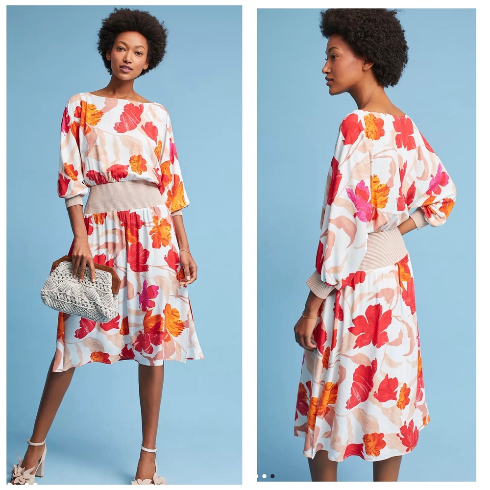 Maeve Anthropologie Gemma Floral Dress Red Orange Smocked Waist XS Womens